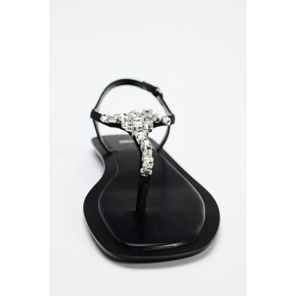 Black Zara Rhinestone Jewel Embellished Open-Toe Ankle Strap Flat Sandals (NWT) - Picture 6 of 8